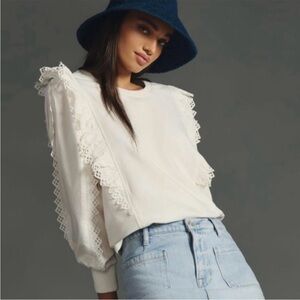 By Anthropologie Ruffle-Sleeve Lace Sweatshirt Ivory Size XL